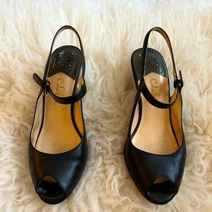 Cole Haan Air Nike Black Leather Slingback Peep Toe Heel